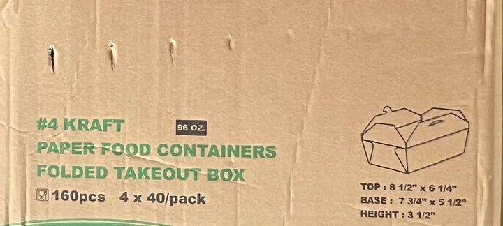 Box #4 (96oz) Kraft Paper Food Container 7-3/4 x 5-1/2 x 3-1/2, 4 Flap 40 Pcs.