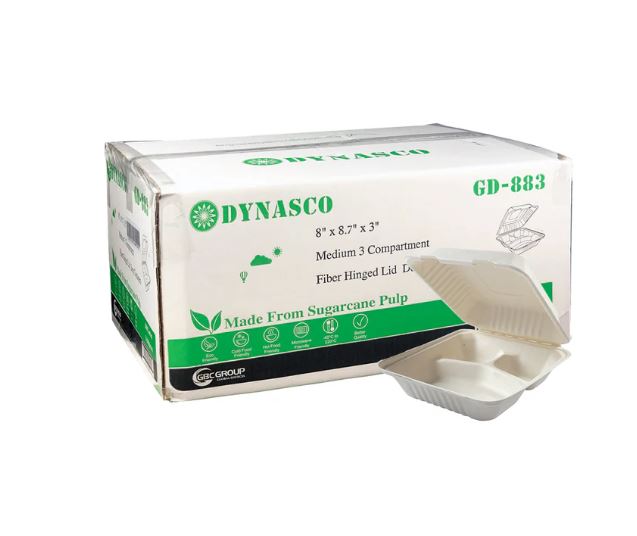 3 Compartment Clamshell Fiber Hinged Lid Containers (8"x8.7"x3") 100 Pcs.