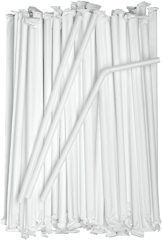 8" Flex White Paper Straw Wrapped 400 x 6 Boxes =2400 pcs