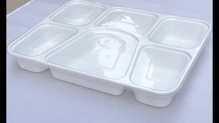 6 Compartment White Thali With Clear Lids 100 Pcs. Set