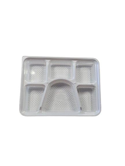 6 Compartment White Thali With Clear Lids 100 Pcs. Set