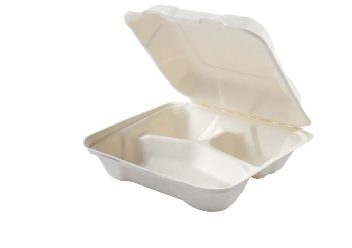 3 Compartment Clamshell Fiber Hinged Lid Containers Shallow (8"x8"x2.5") 200 Pcs.