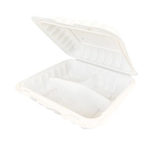 8" 803 Clamshell PP Microwavable Container 3 Compartment 8" x 8" 150 Pcs.