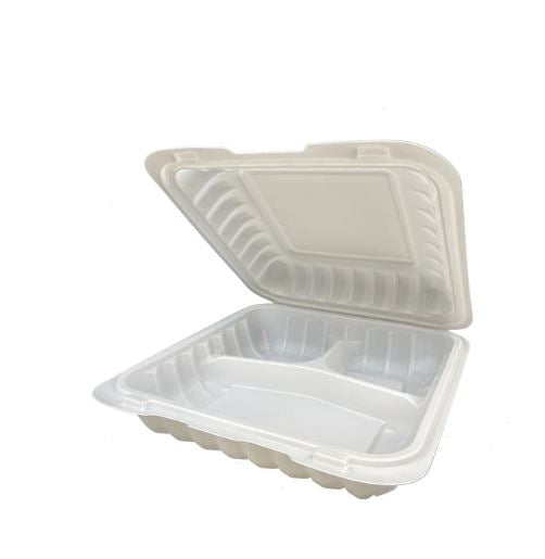 9" 903 Clamshell PP Microwavable Container 3 Compartment 9" x 9" 150 Pcs.